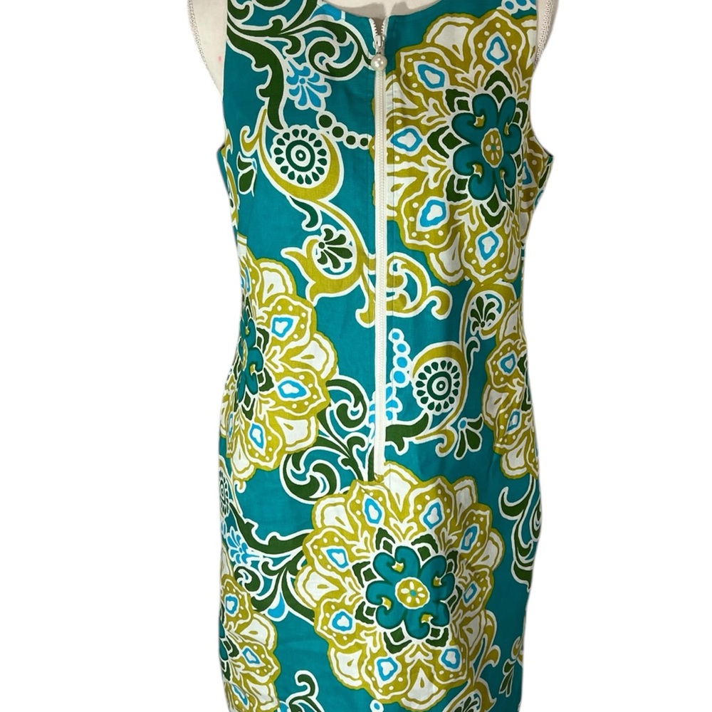 Taylor Women’s Size 10 Linen Silk Blend Zip Front Shift Dress Floral Teal Green - Picture 2 of 10